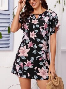 Floral Print Keyhole Neck Butterfly Sleeve Dress - Multicolor - View 3