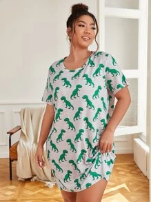 Plus Allover Dinosaur Print Pajama Night Dress, Moo Moo Night Dress - Grey - View 1