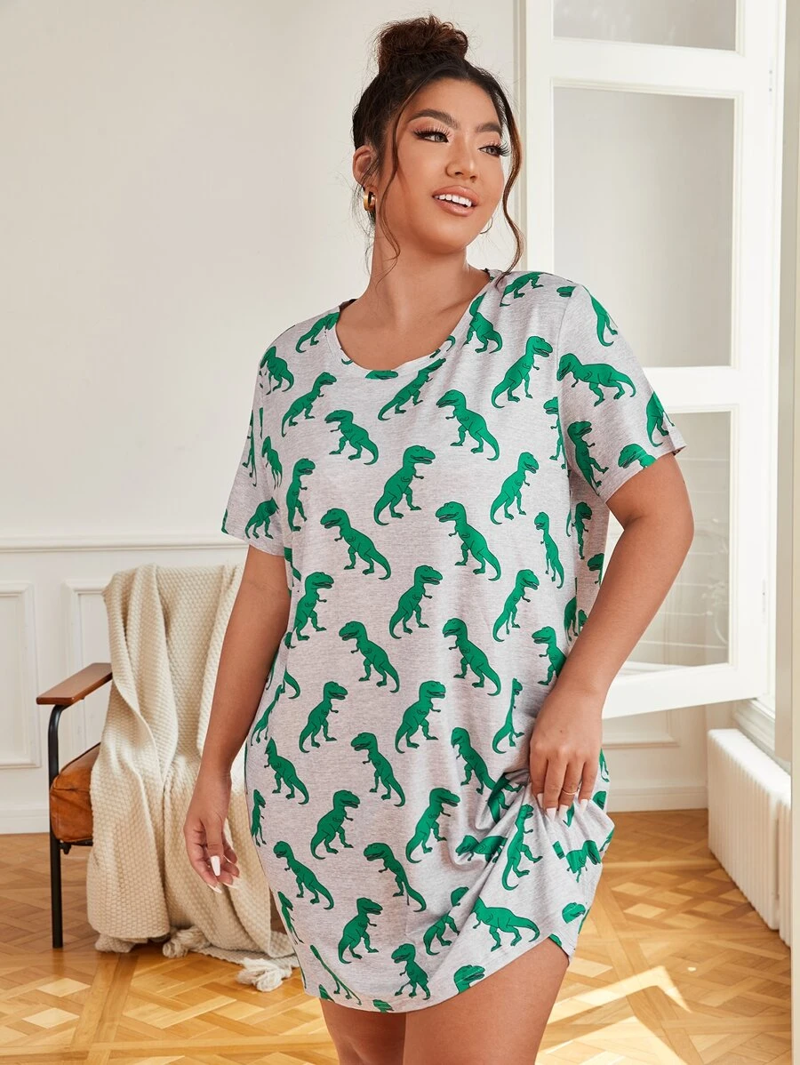 Plus Allover Dinosaur Print Pajama Night Dress, Moo Moo Night Dress - Grey - View 1