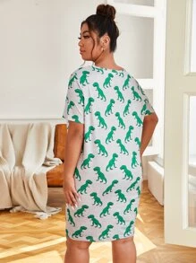 Plus Allover Dinosaur Print Pajama Night Dress, Moo Moo Night Dress - Grey - View 2