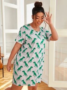 Plus Allover Dinosaur Print Pajama Night Dress, Moo Moo Night Dress - Grey - View 3