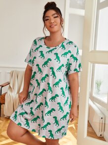 Plus Allover Dinosaur Print Pajama Night Dress, Moo Moo Night Dress - Grey - View 4