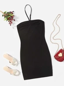 SHEIN Teen Girls Ruched Bust Halter Dress - Black - View 1