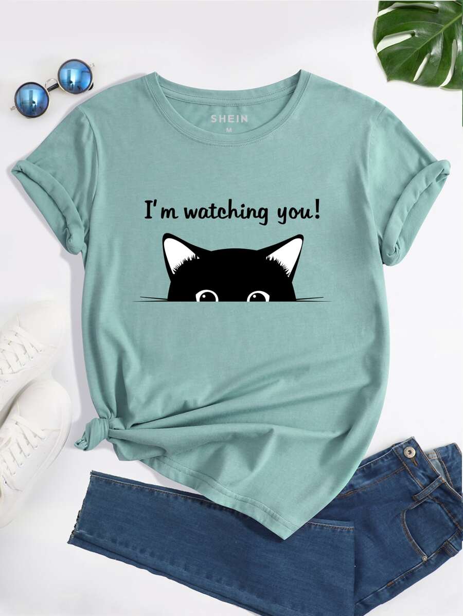 INAWLY 卡通 & 口号图案 T 恤“我在看着你”