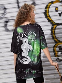 SHEIN Teen Girls Letter & Snake Print Drop Shoulder Tee - Multicolor - View 1