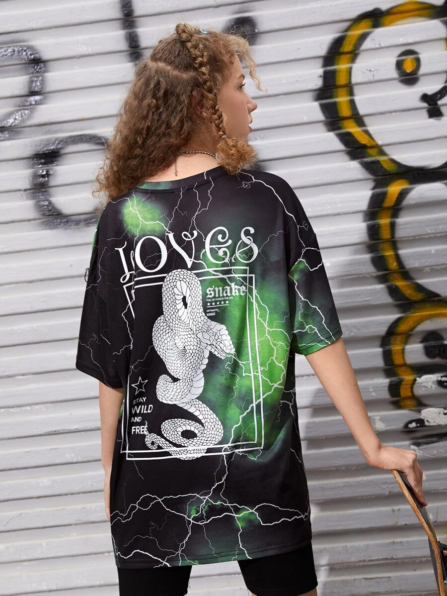 SHEIN Teen Girls Letter & Snake Print Drop Shoulder Tee - Multicolor - View 1
