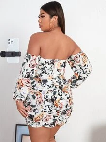 SHEIN SXY Plus Floral Print Off Shoulder Ruched Bodycon Dress - Multicolor - View 2