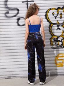 SHEIN Teen Girls Solid Cami Top & Lightning Print High Waist Pants