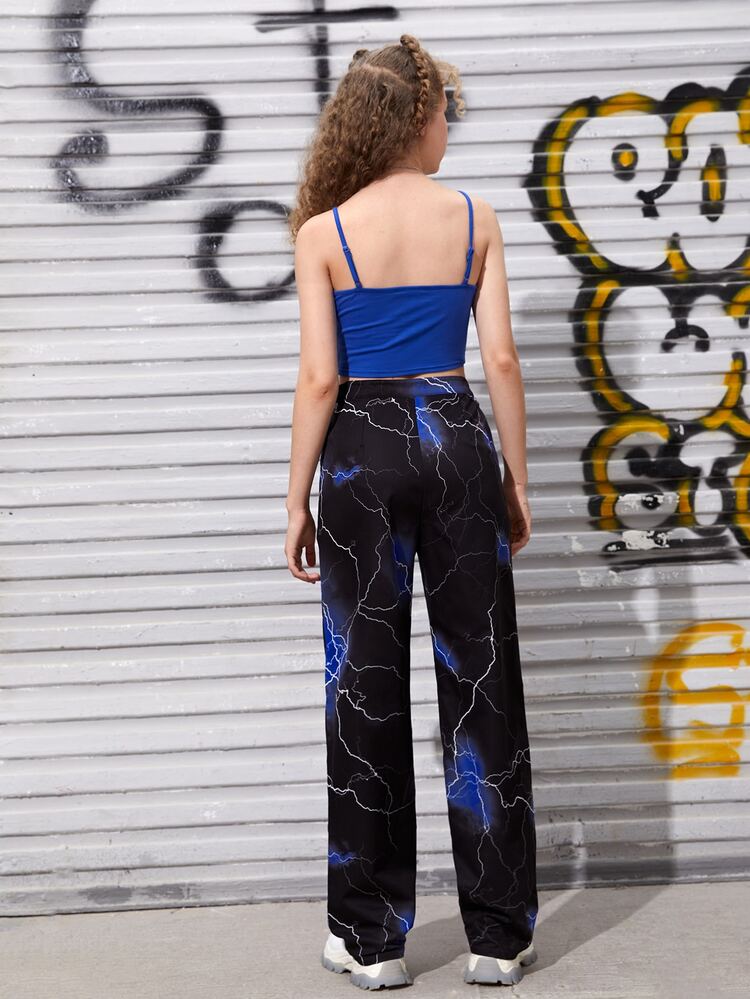 Teen Girls Solid Cami Top & Lightning Print High Waist Pants