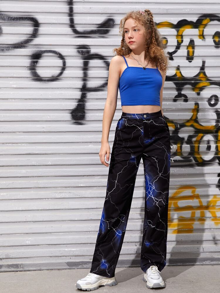 Teen Girls Solid Cami Top & Lightning Print High Waist Pants