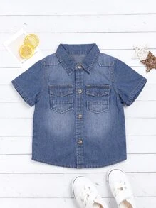 Toddler Boy Denim Tops Túi Nút phía trước màu trơn Giải trí - Rửa tối - Xem 1