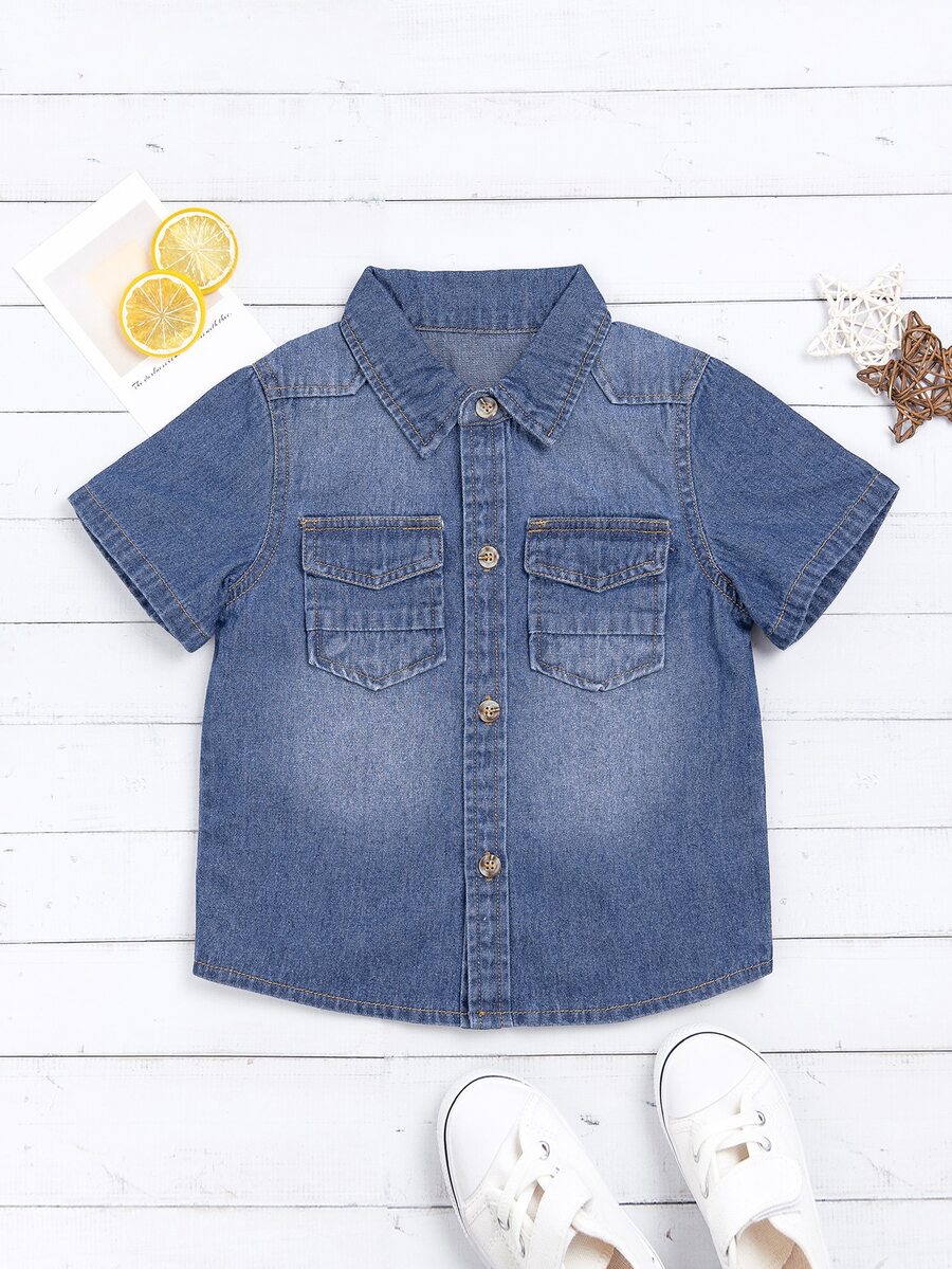 Toddler Boy Denim Tops Túi Nút phía trước màu trơn Giải trí - Rửa tối - Xem 1