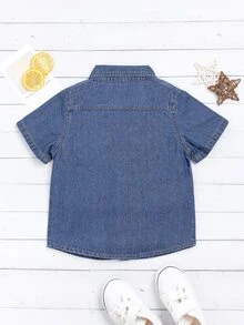 Toddler Boy Denim Tops Túi Nút phía trước màu trơn Giải trí - Rửa tối - Xem 2
