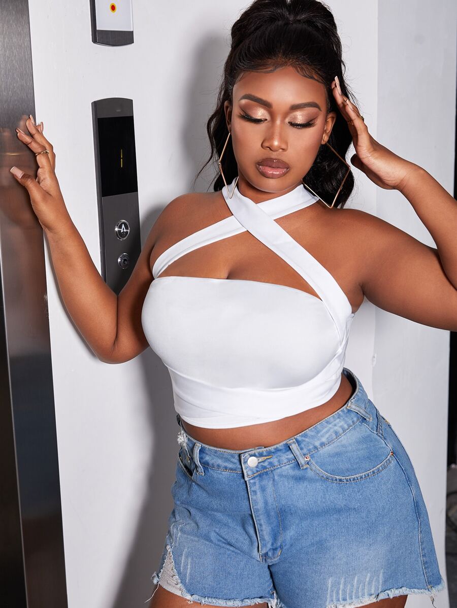 Plus Solid Criss Cross Tie Back Halter Top - White - View 1