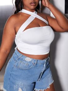 Plus Solid Criss Cross Tie Back Halter Top - White - View 4