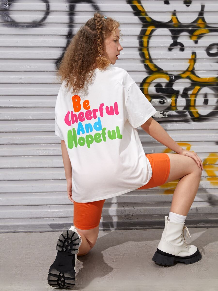 SHEIN 青少年女孩標語圖案落肩T恤 - 白色 - 查看 1