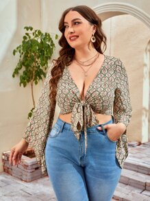 SHEIN 大碼印花前繫帶上衣 - 彩色 - 查看 5