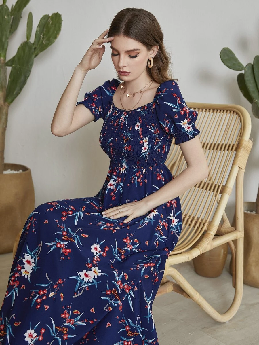 Mulvari Floral Square Neck Shirred A-line Dress - Navy Blue - View 1