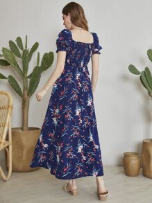 Mulvari Floral Square Neck Shirred A-line Dress - Navy Blue - View 2