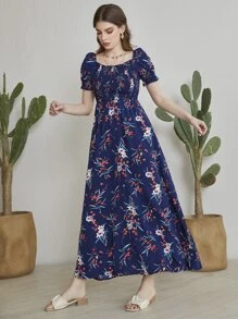 Mulvari Floral Square Neck Shirred A-line Dress - Navy Blue - View 3