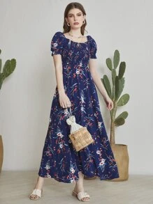 Mulvari Floral Square Neck Shirred A-line Dress - Navy Blue - View 4