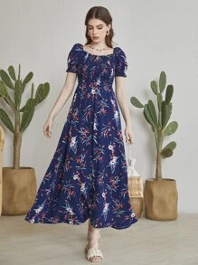 Mulvari Floral Square Neck Shirred A-line Dress - Navy Blue - View 5