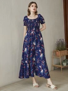 Mulvari Floral Square Neck Shirred A-line Dress - Navy Blue - View 6