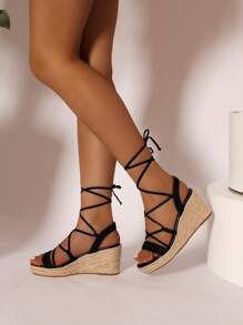 Tie Leg Design Wedge Sandals - Black - View 3