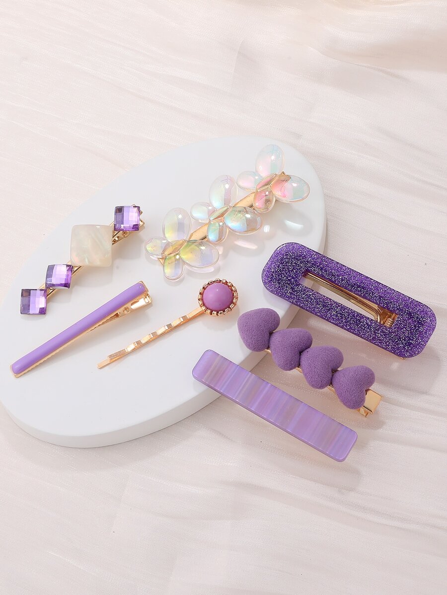 街头 7 件心形和蝴蝶装饰发夹，适合日常休闲外出佩戴情人节爪夹发夹发夹 - 彩色 - 查看 1