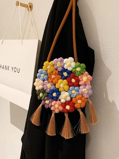 Mini Floral Graphic Tassel Decor Straw Bag