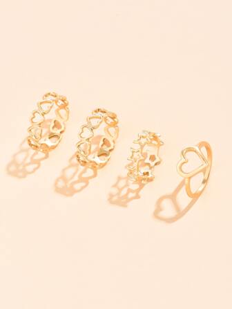 4入組空心愛心星星金戒指套裝,適合女性日常佩戴
