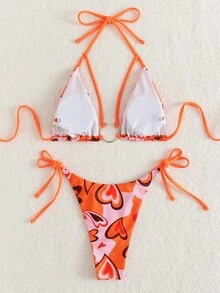 Bikini de corte frontal con anillo enlazado y estampado de corazón recortado - Multicolor - Ver 2