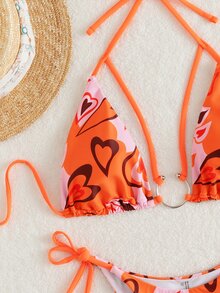 Bikini de corte frontal con anillo enlazado y estampado de corazón recortado - Multicolor - Ver 3