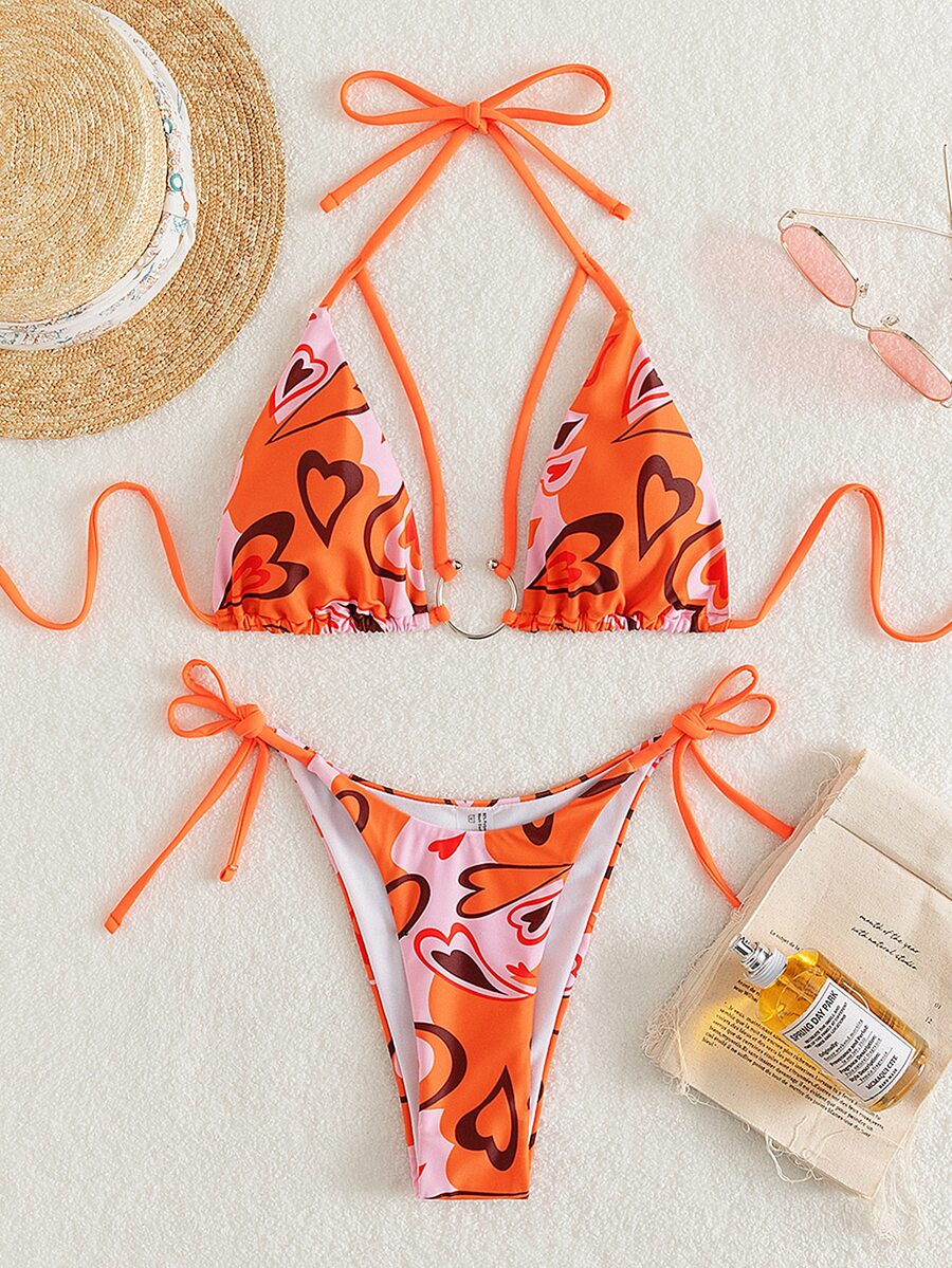 Bikini de corte frontal con anillo enlazado y estampado de corazón recortado - Multicolor - Ver 1