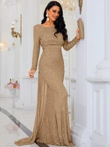 Missord Open Back Mermaid Hem Sequin Formal Gown, Elegant Long Sleeve Prom Evening Dress, For Wedding Guest, Graduation, Dinner - Gold - View 1