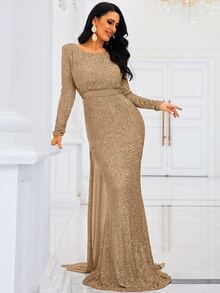 Missord Open Back Mermaid Hem Sequin Formal Gown, Elegant Long Sleeve Prom Evening Dress, For Wedding Guest, Graduation, Dinner - Gold - View 3