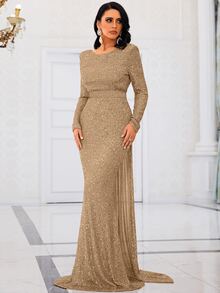 Missord Open Back Mermaid Hem Sequin Formal Gown, Elegant Long Sleeve Prom Evening Dress, For Wedding Guest, Graduation, Dinner - Gold - View 4