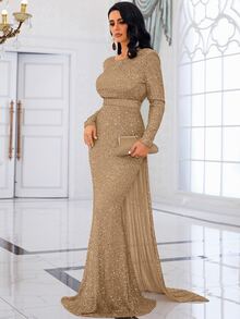 Missord Open Back Mermaid Hem Sequin Formal Gown, Elegant Long Sleeve Prom Evening Dress, For Wedding Guest, Graduation, Dinner - Gold - View 7