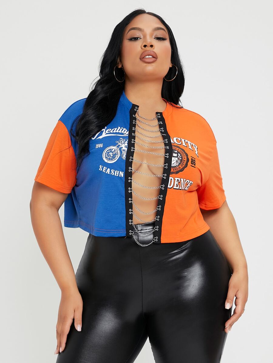 SHEIN SXY Plus Drop Shoulder Letter & Motorcycle Pattern Tee With Chain - Multicolor - View 1