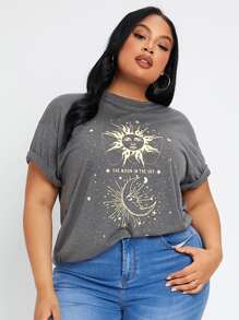 SHEIN SXY 大碼日月圖案捲邊袖T恤 - 深灰色 - 查看 2