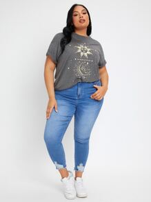 SHEIN SXY 大碼日月圖案捲邊袖T恤 - 深灰色 - 查看 4