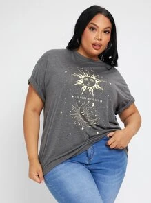 SHEIN SXY 大碼日月圖案捲邊袖T恤 - 深灰色 - 查看 1