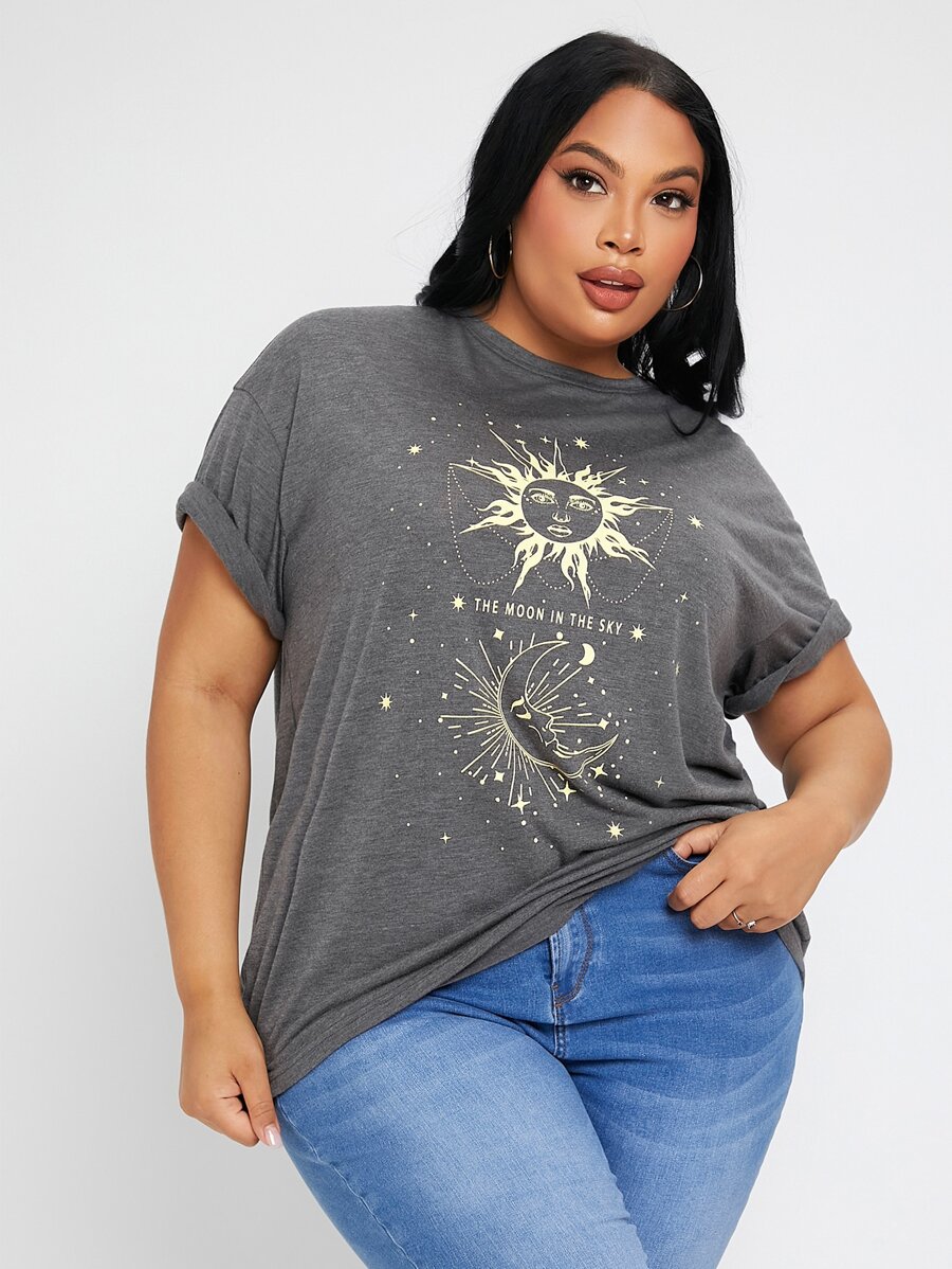 SHEIN SXY 大碼日月圖案捲邊袖T恤 - 深灰色 - 查看 1