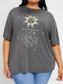 SHEIN SXY 大碼日月圖案捲邊袖T恤 - 深灰色 - 查看 5