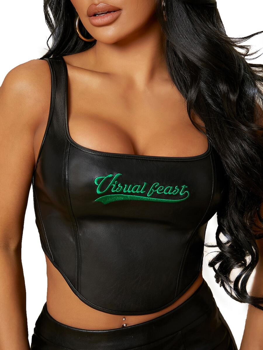 SHEIN SXY Letter Embroidery Asymmetric Hem Tank Top - Black - View 1