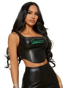 SHEIN SXY Letter Embroidery Asymmetric Hem Tank Top - Black - View 3