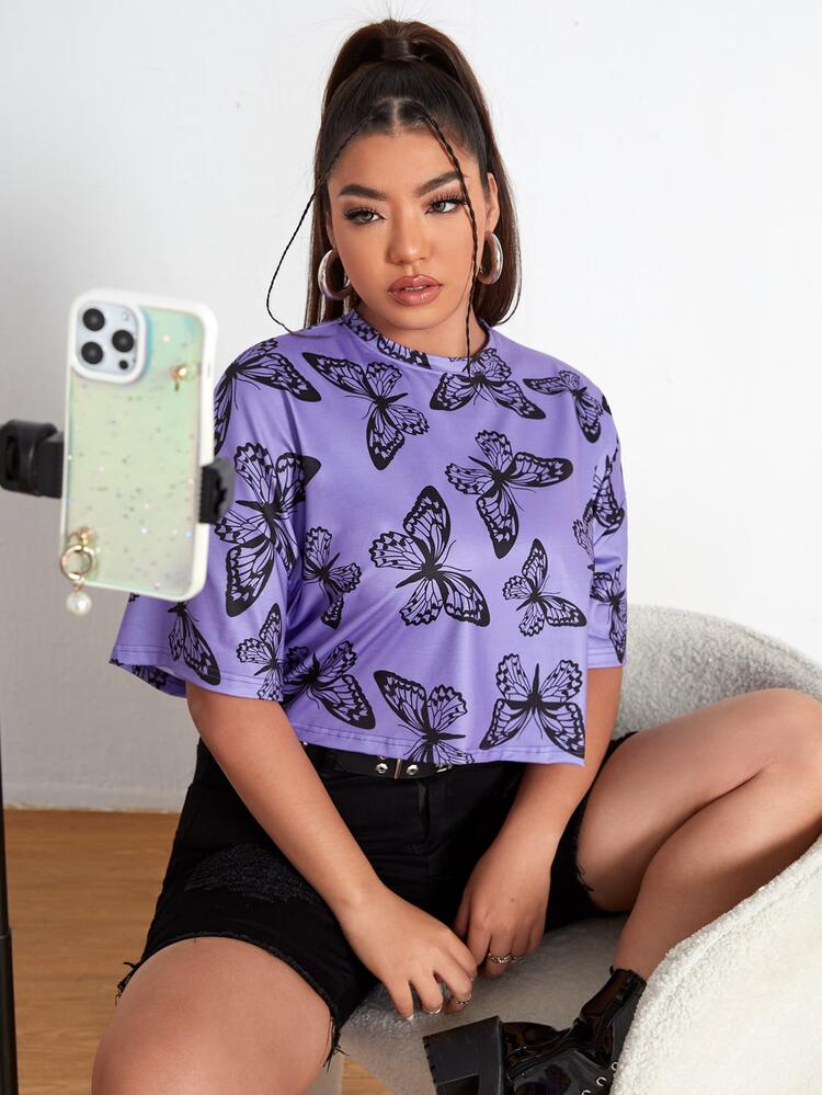SHEIN EZwear 大碼落肩袖滿版蝴蝶圖案T恤 - 紫羅蘭色 - 查看 4