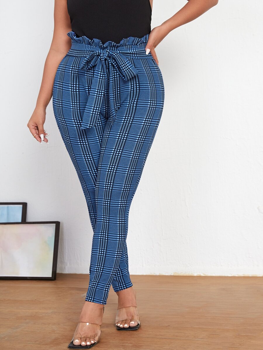 SHEIN Clasi 大碼格紋印花紙袋腰前打結緊身褲 - 彩色 - 查看 1