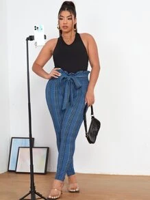 SHEIN Clasi 大碼格紋印花紙袋腰前打結緊身褲 - 彩色 - 查看 4