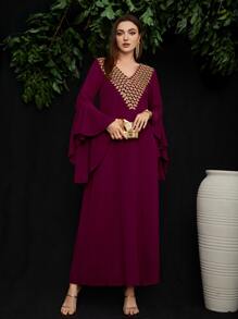 Al Najma Burgundy Red Embroidery Applique Flounce Sleeve Dress, Modest Kaftan - Burgundy - View 1